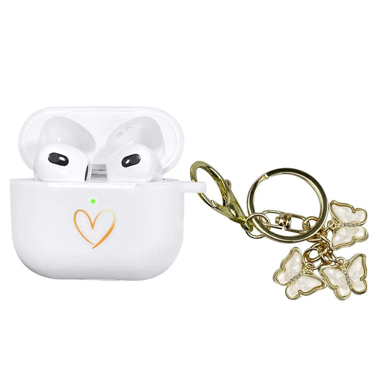 AIIEKZ Compatible with AirPods 3 Case Cover 2021 Soft Silicone Case with Gold Heart Pattern for AirPods 3rd Generation Case with Cute Butterfly Keychain for Girls Women (White) - Electro Euphoria